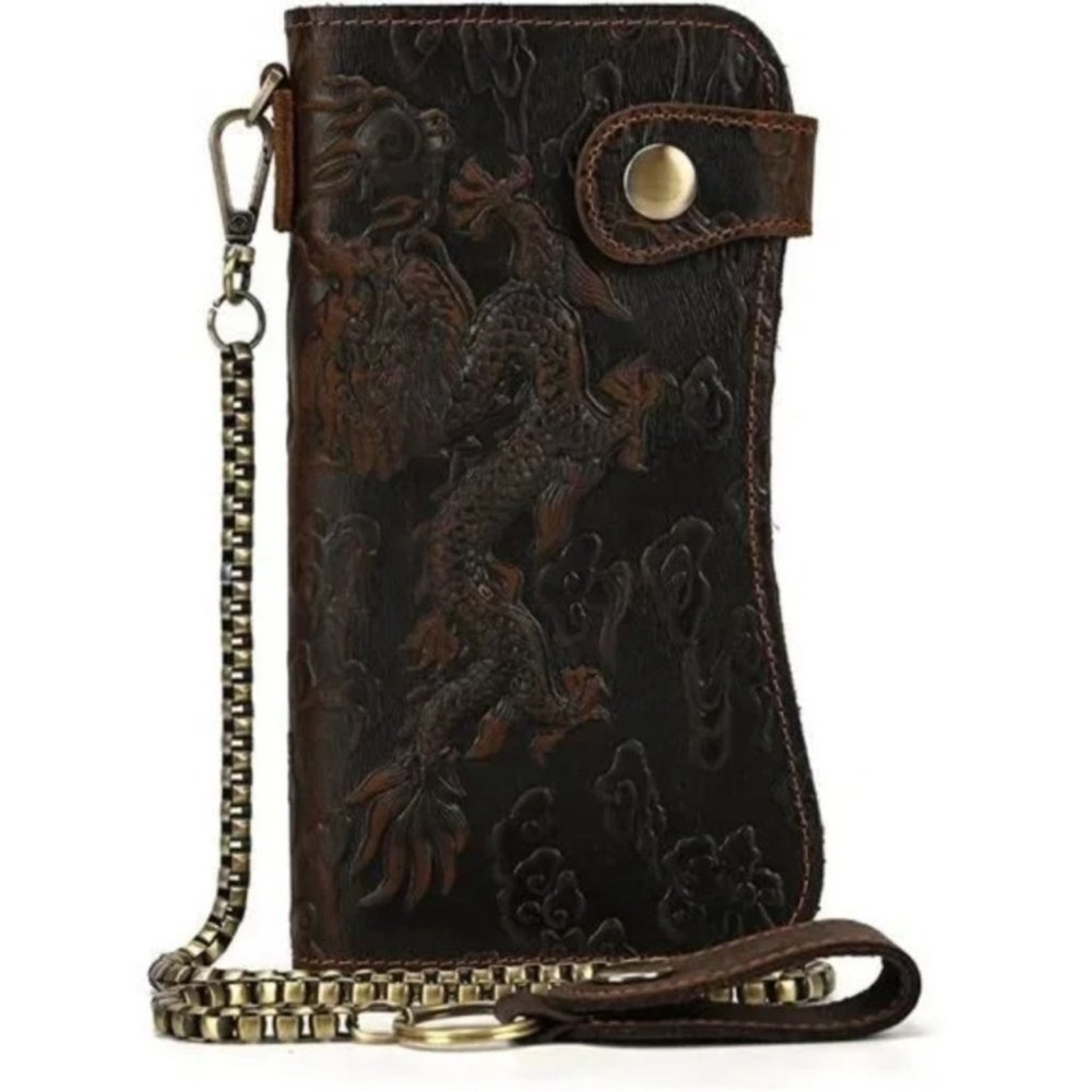 New Men's Genuine Leather Long Wallet Chain Wallet Card holder Wallet